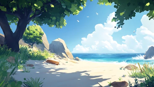 Tropical Paradise Beach With Ancient Tree.