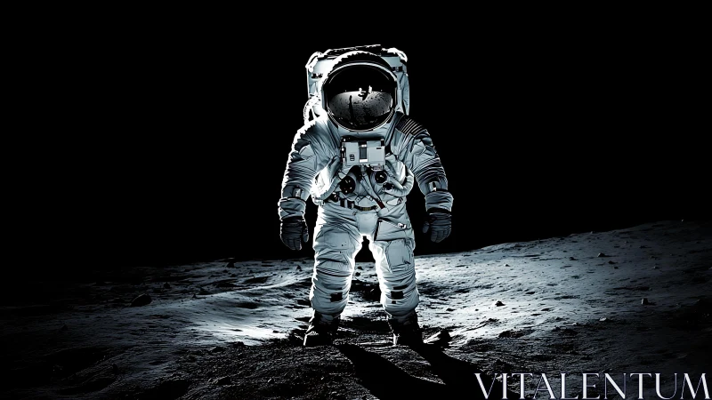 Lone lunar astronaut under stark directional spotlight.