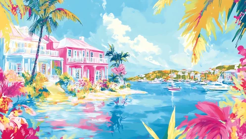 Colorful tropical harbor with villas and anchored boats.