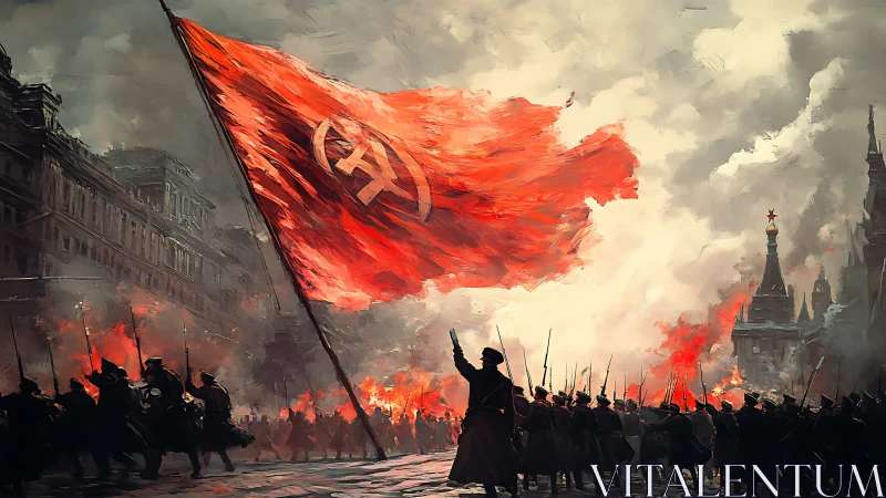Red revolutionary flag sweeps above marching soldiers in battle.