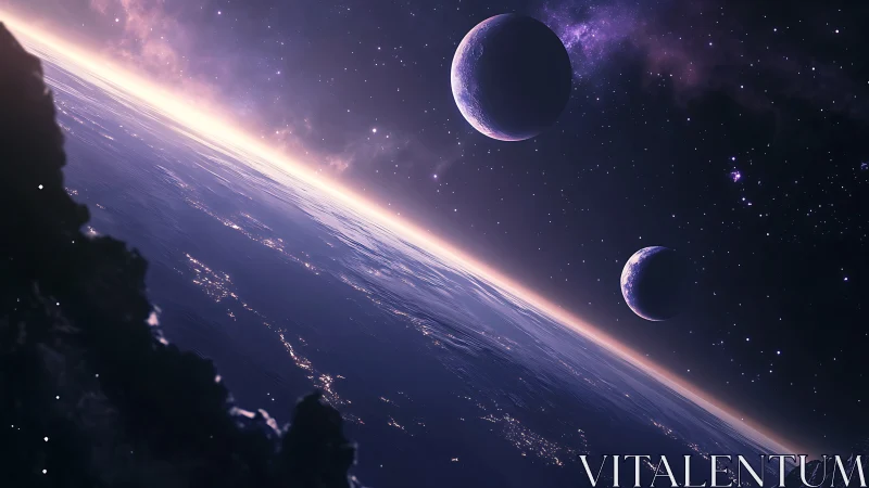 Tilted planetary horizon with dual moons in violet nebular glow
