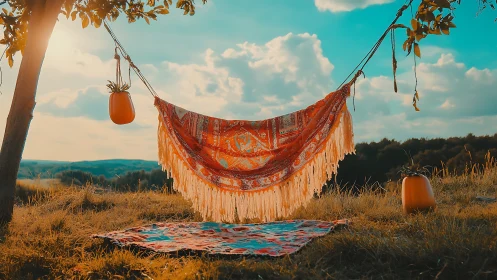Bohemian hammock and textiles in warm golden hour landscape