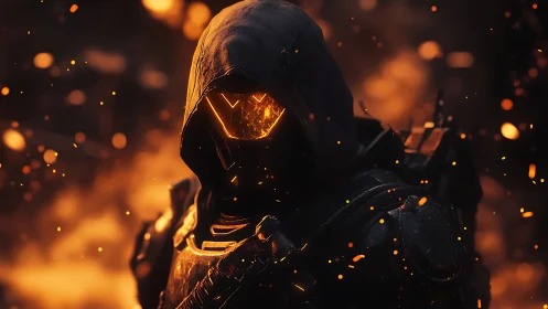Hooded cyber warrior burns through a storm of glowing embers