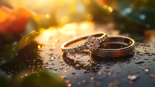 Photorealistic macro of diamond engagement and wedding rings.
