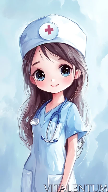 Cute anime nurse in blue scrubs smiles with stethoscope.