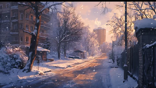 Winter boulevard glows in peach sunrise and drifting snow.