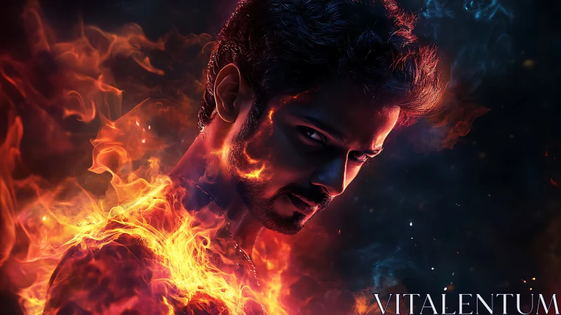 Male figure in profile surrounded by stylized flames.