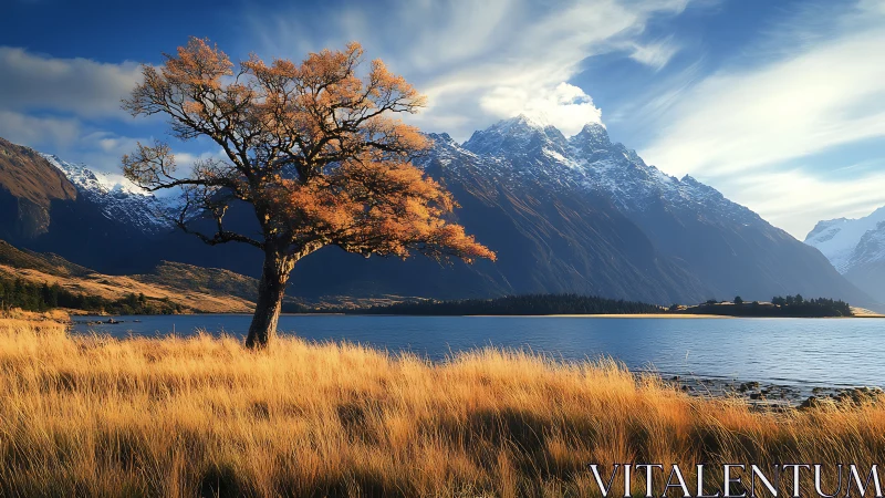 Solitary amber tree holds court before snow crowned mountains