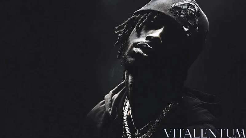 Shadowlit street poet in moody monochrome glow portrait.