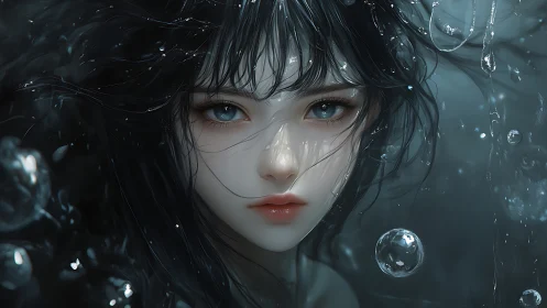 Ethereal underwater girl portrait with luminous teal eyes