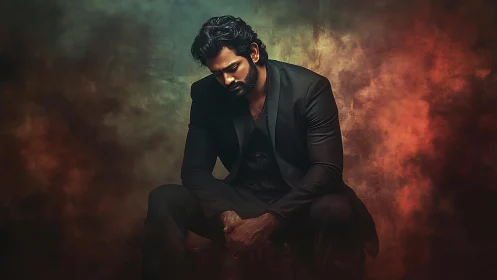 Low-key portrait isolates seated man against textured bokeh haze