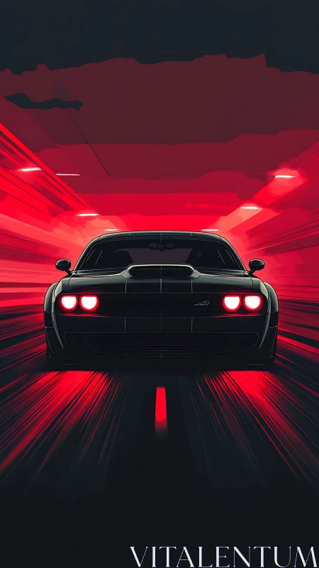 Rear-view muscle car accelerates through neon tunnel space