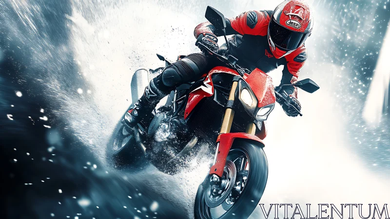 Motorcyclist on red street bike in dynamic water spray.