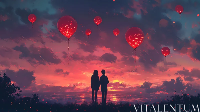 Two figures observe illuminated red balloons suspended in dramatic sunset sky.