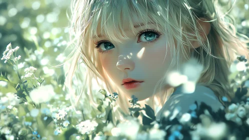 Blonde anime girl amid soft green meadow light and flowers.