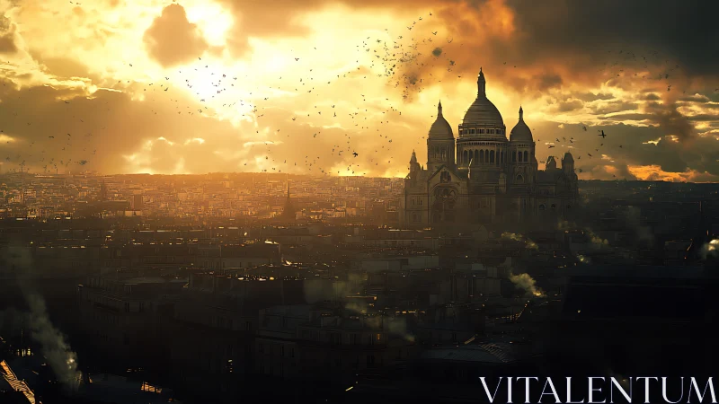 Sunlit domed cathedral over dense city at dramatic dusk.