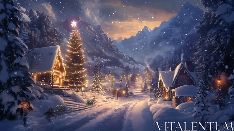 Snowy mountain village wrapped in glowing Christmas hush.