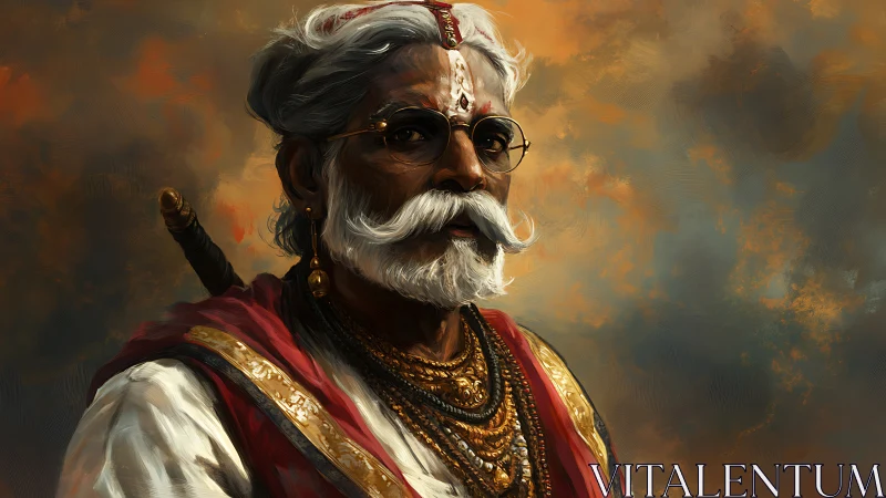 Elderly warrior in ornate attire stands against cloudy sky