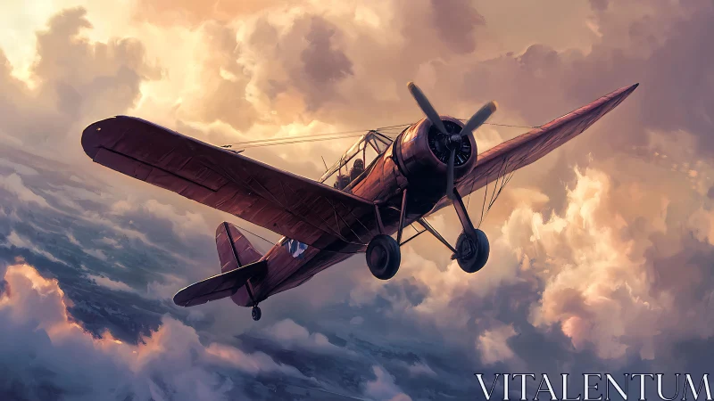 Vintage monoplane ascends through dramatic sunset cumulonimbus
