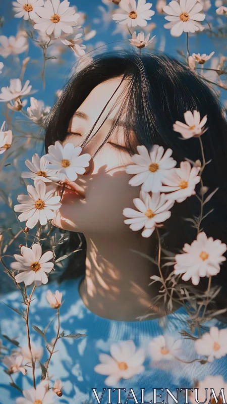 Woman rests amid daisies under clear blue daylight sky.