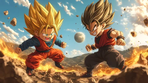 Two stylized fighters in rocky arena with energy effects.