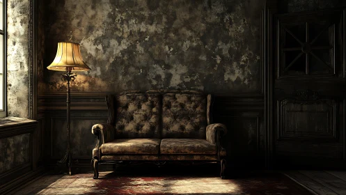 Aged velvet loveseat under single lamp in decayed interior