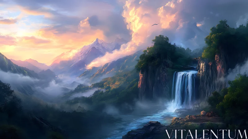 Sunlit mountain waterfall cascades through misty fantasy valley