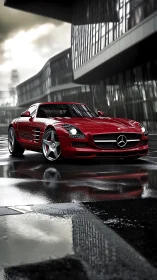 Red Mercedes sports car sits on wet reflective pavement