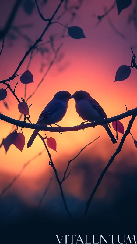 Two Birds Perched on Branch Against Sunset Sky