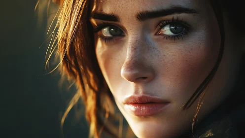 Intense freckled portrait gazes into warm cinematic light