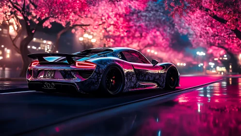 Midnight hypercar drifts through neon cherry blossom reverie