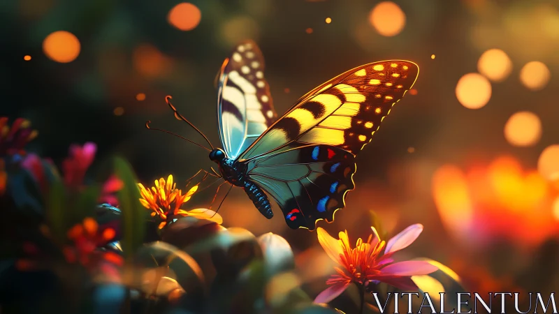 Twilight butterfly scripts glowing stories across garden air