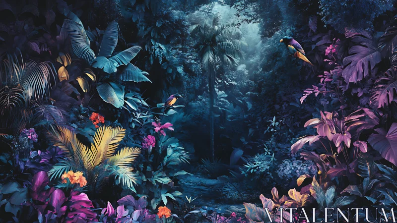 Neon rainforest canopy with tropical birds and glowing flora.