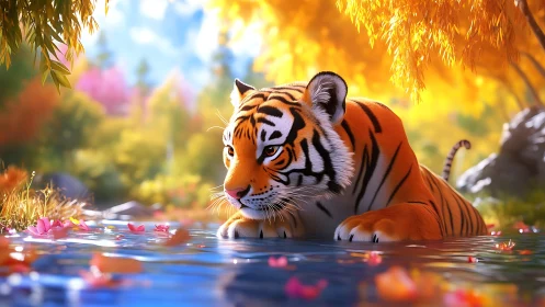 Curious tiger at autumn riverbank in luminous fantasy forest.
