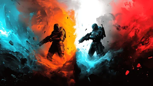 Opposed armored soldiers in red blue energy vortex field.