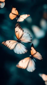 Softly glowing butterflies drifting through teal twilight.