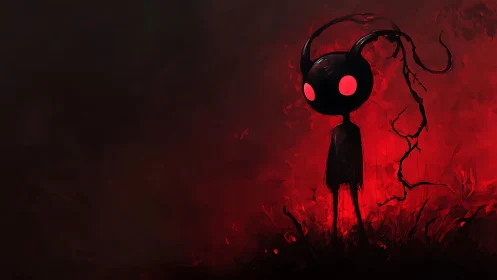 Horned shadow creature in crimson abstract inferno.