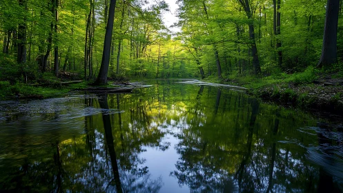 Forest Stream Reflection with Spring Canopy.
