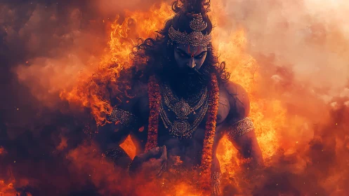 Mythic warrior deity in flame-suffused digital portraiture