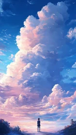 Towering pastel clouds rise above a lone silhouetted child.