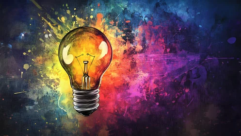 Colored lightbulb illustration on vivid splatter backdrop