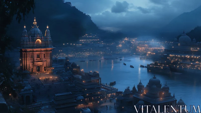 Sacred riverside city glows under misty blue twilight skies