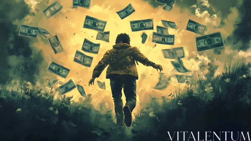 Solitary figure strides into golden vortex of swirling money.