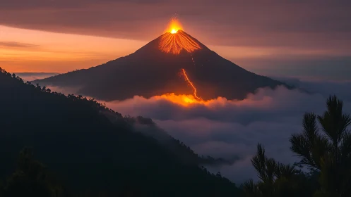 Volcanic cone with lava flow above layered cloud valley.