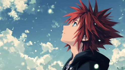 Skyward profile study of red‑spiked anime protagonist gaze.