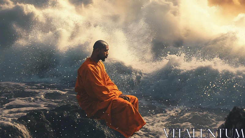 Monk in orange robes meditating before turbulent ocean waves.