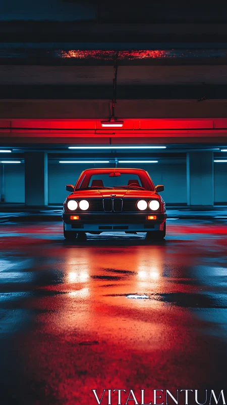 Neon-lit classic coupe in cinematic underground symmetry study.