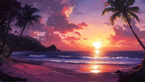 Gentle tropical sunset where painterly waves kiss shore.