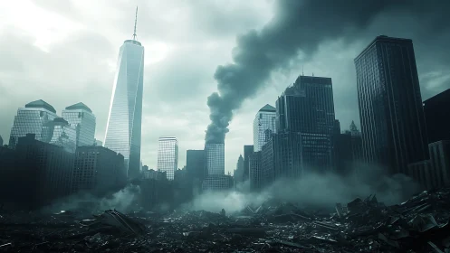 Smoldering skyscraper ruins under cold cyan storm light.