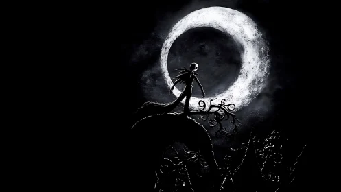 Skeletal figure on twisted hill under bright crescent moon.
